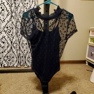 Sheer navy polka dot body suit